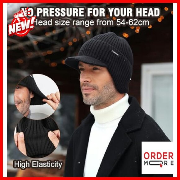 Fleece-Lined Winter Beanie with Brim & Ear Flaps, Warm Knit Hat main image 7